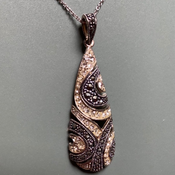 Sterling Silver, Marcasite & Crystal Teardrop Necklace - Picture 2 of 7